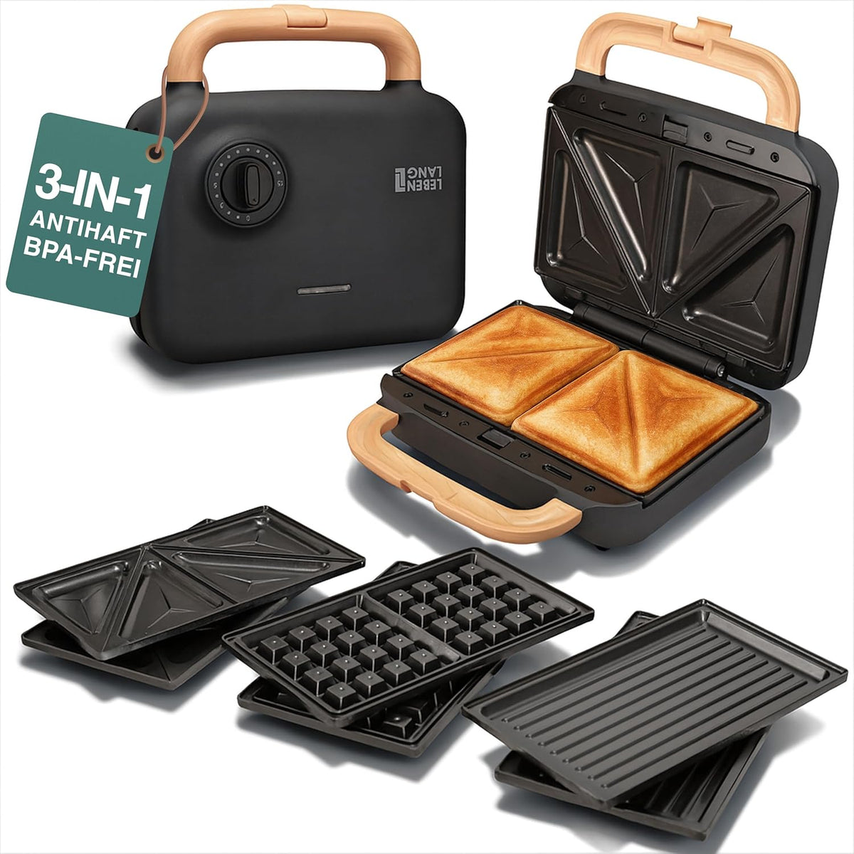 Lebenlang Sandwich maker 3-in-1 - 23.9 × 23 × 12.2 cm - 750 W - Noir - Sandwich - Gaufre - Grill