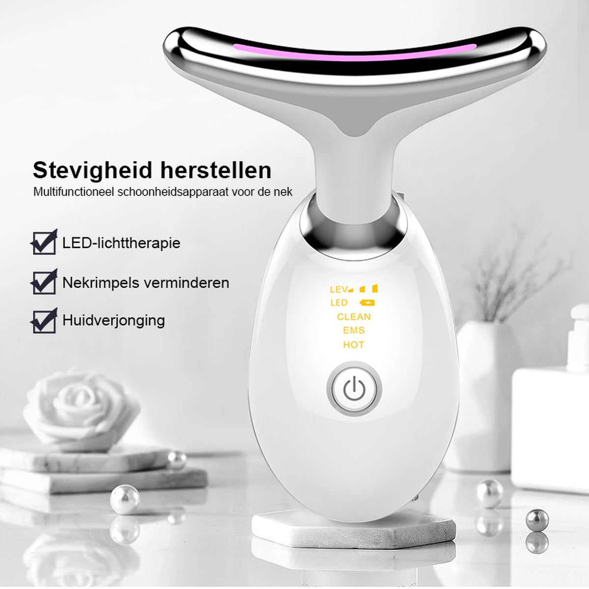 Appareil de massage pour la nuque Sunluxy ES-1081 – Micro-courant EMS, lumière LED 7 couleurs et fonction chauffante à 45 °C – Soins du visage et de la nuque – 16,2 x 13,2 x 5,8 cm