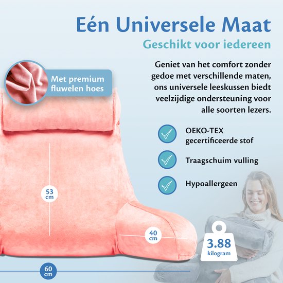 Coussin de lecture Ella XL - Coussin de relaxation en mousse à mémoire de forme pour le lit - Coussin d'assise avec soutien de la nuque et du bas du dos - Bookseat - Velours rose corail