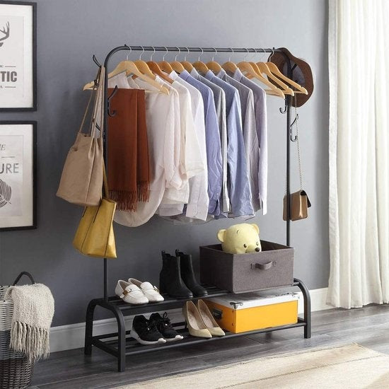 Avalo Rack à vêtements industriel - Métal - 110x33x150 CM - Noir - Rangement pour chaussures - Rack à vêtements avec crochets