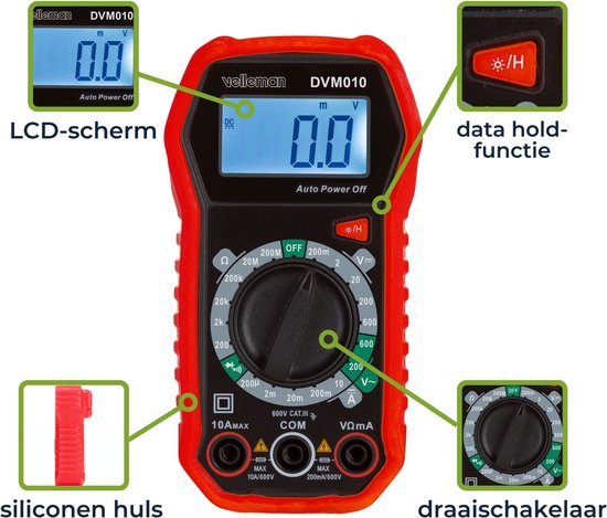 Multimètre numérique Velleman, adapté à la mesure du courant CA/CC, de la tension CA/CC, de la résistance, du transistor, des diodes et de la continuité, y compris les cordons de test