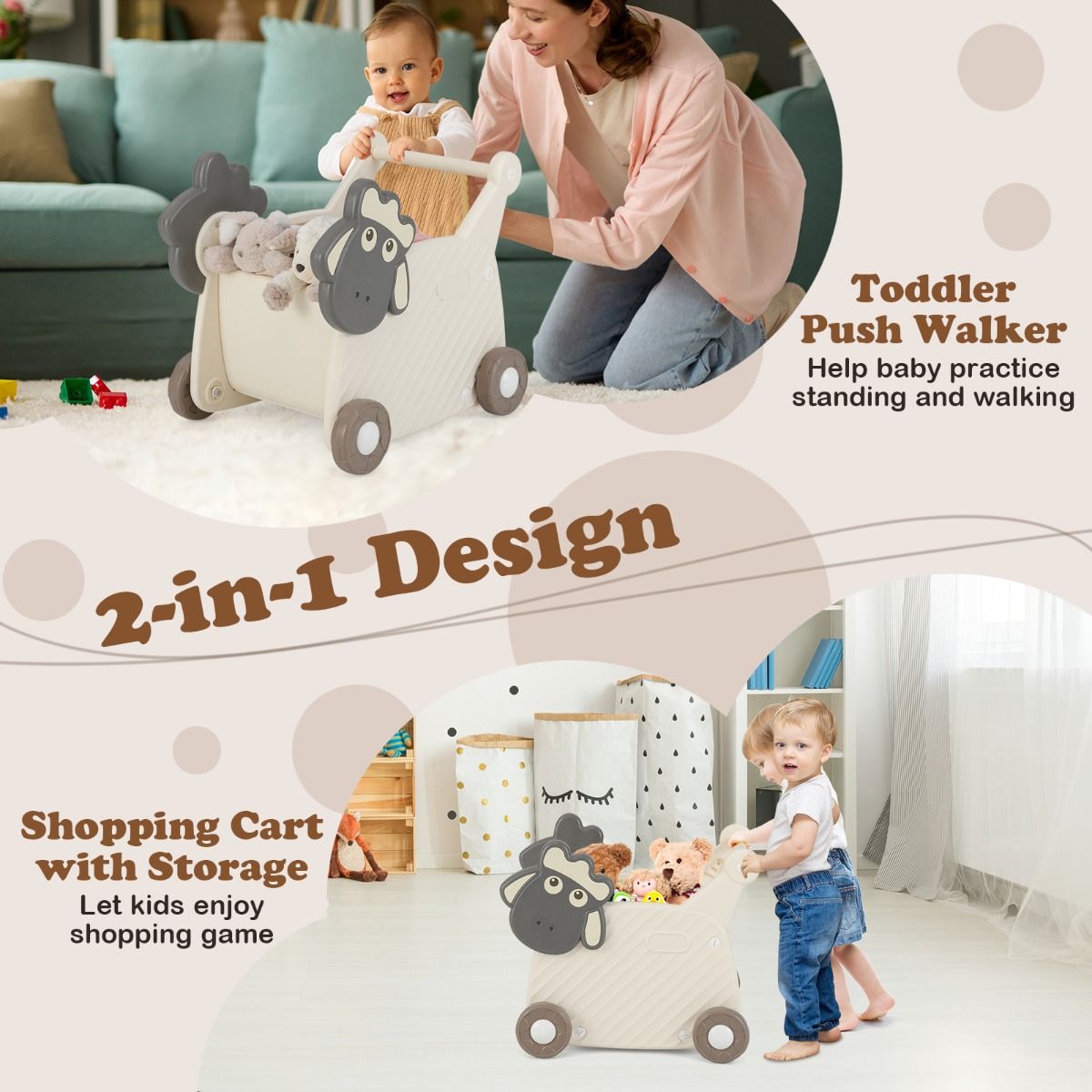 Chariot pour enfants Coast Schaap - Chariot de rangement et trotteur 2-en-1 - 18 litres - Beige et gris