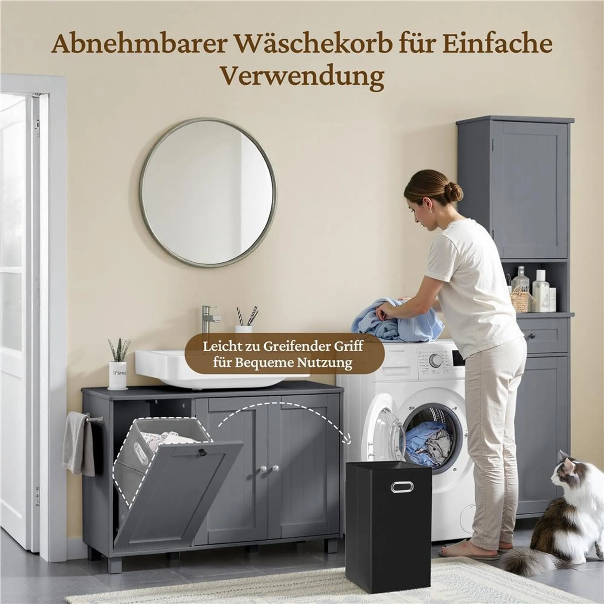 Meuble sous-lavabo Yaheetech avec découpe en U et panier à linge 90 x 30 x 62,5 cm – Gris foncé – MDF et métal