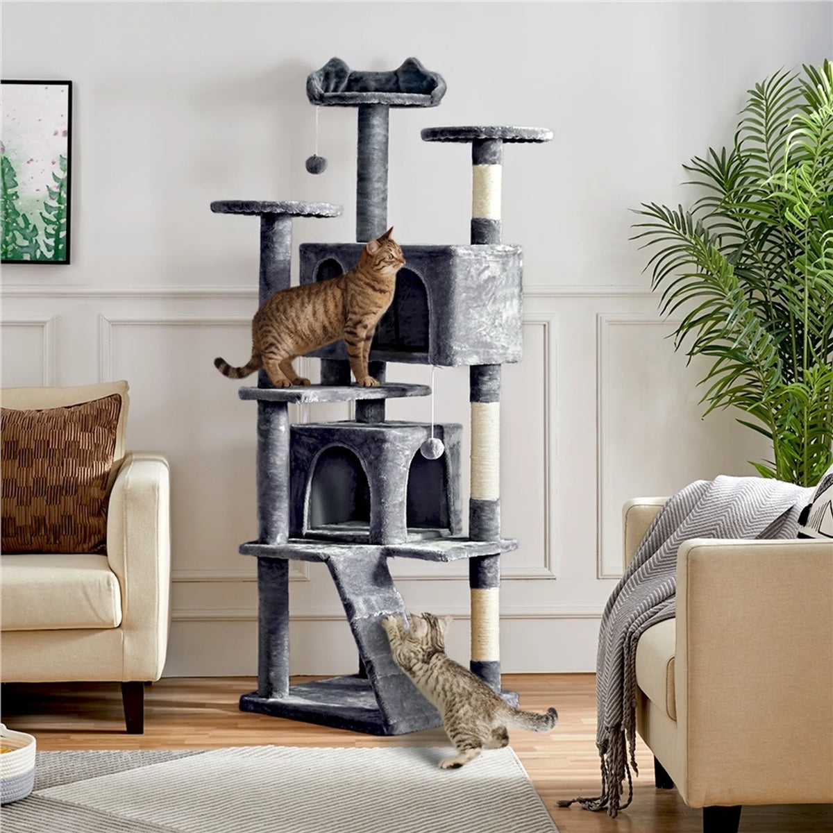 Arbre à chat Yaheetech avec 2 grottes - 178 cm de haut - 54 x 54 cm - Gris foncé