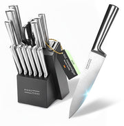 Ensemble de couteaux MoreCore avec bloc et aiguiseur - Bloc à couteaux - Couteaux de cuisine - Ciseaux de cuisine inclus - Couteau de chef - Résistant aux rayures - Acier inoxydable - Couleur argentée/noire - Cadeau pour la fête des pères