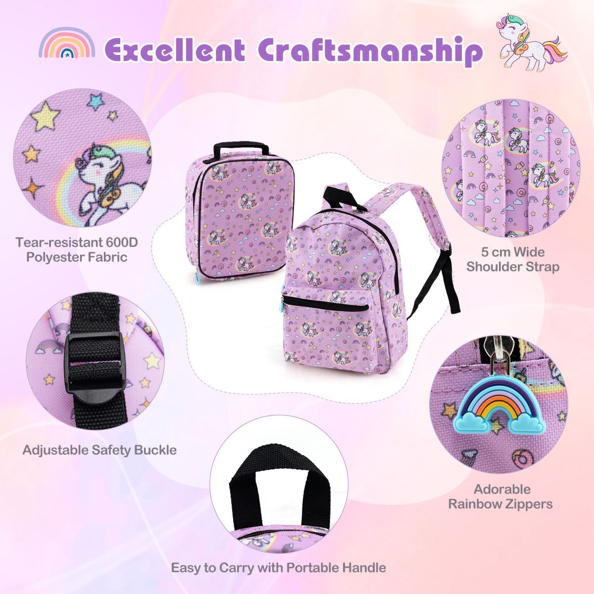 Coast Suitcase Set for Kids 4-Piece - Trolley Backpack Neck Cushion Lunch Bag - Pink Unicorn