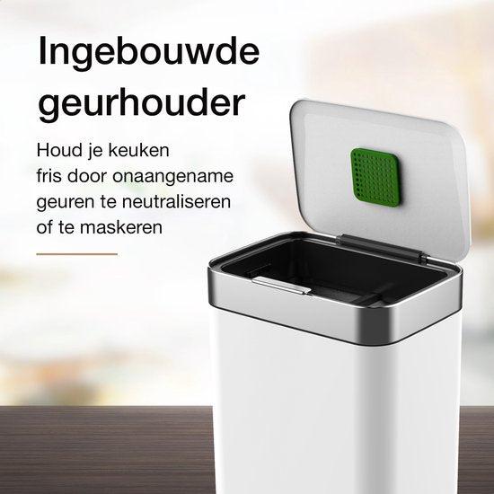 Loftey Trashcan 60 Liter - Push/touch Waste Bin - Duo Waste Bin with Inner Bin - Garbage Can 2 Compartments - Waste Separation 2x30L - Kitchen - White/RVS
