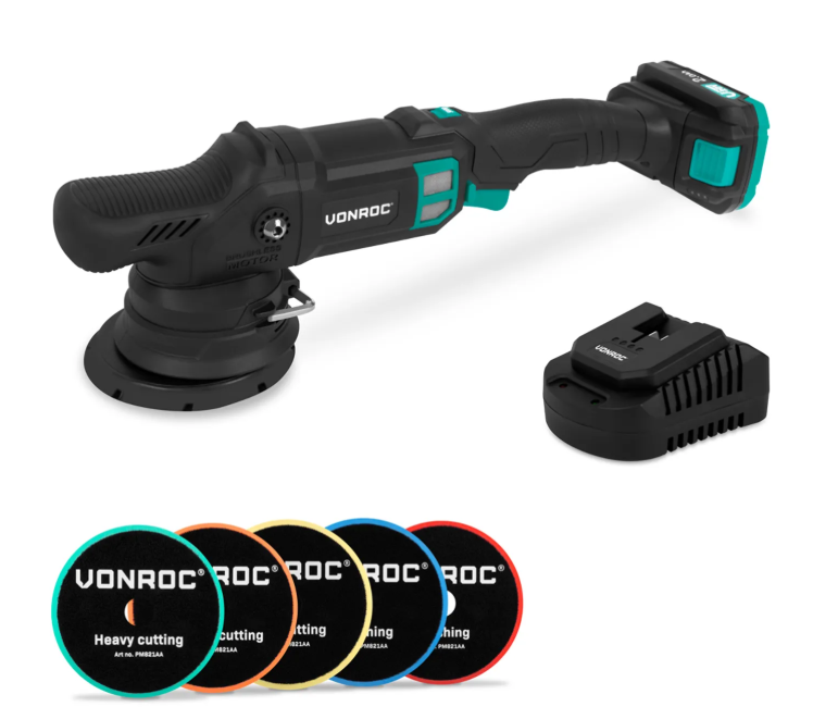 Polisseuse excentrique VONROC PRO 20 V - 125 mm - course de 15 mm - avec batterie 2,0 Ah, chargeur rapide et 5 disques de polissage