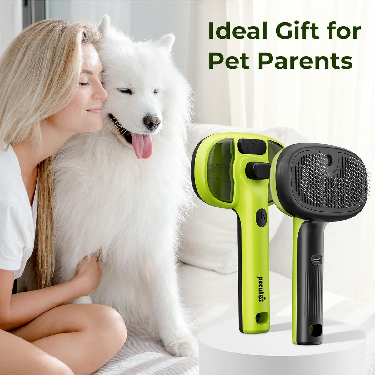 Brosse à vapeur Pecute pour animaux de compagnie, réservoir d'eau de 55 ml, autonettoyante en un clic, brosse de toilettage en acier inoxydable rechargeable par USB pour chats et chiens, verte