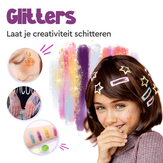 Partizzle Set complet de tatouages pailletés - Filles / Garçons - Gabarits de maquillage, colle et pinceaux - Kit d'artisanat pour faux tatouages au néon - Cadeau de carnaval pour les enfants - 24 couleurs / Biodégradable