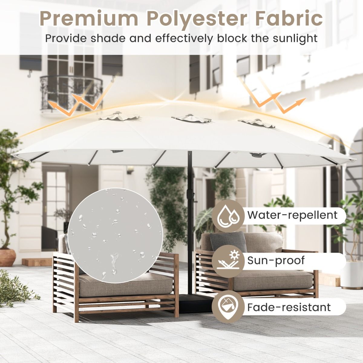 Parasol double Coast - socle métallique stable - 12 baleines - beige