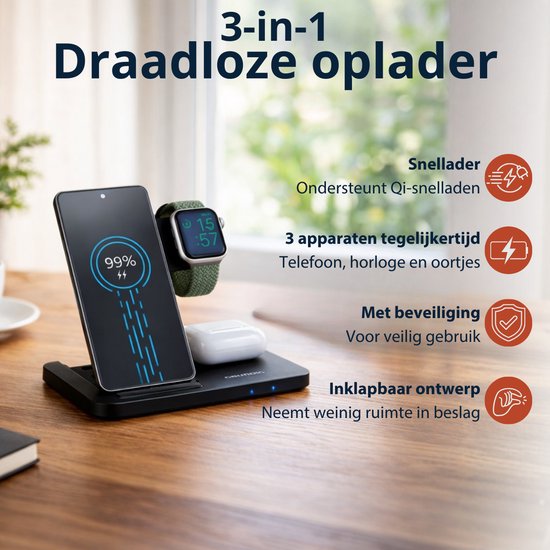 Chargeur sans fil 3-en-1 Grundig – Station de recharge rapide pour smartphone, montre connectée et écouteurs – Chargeur sans fil pour iPhone et Samsung – Chargeur sans fil – Design pliable