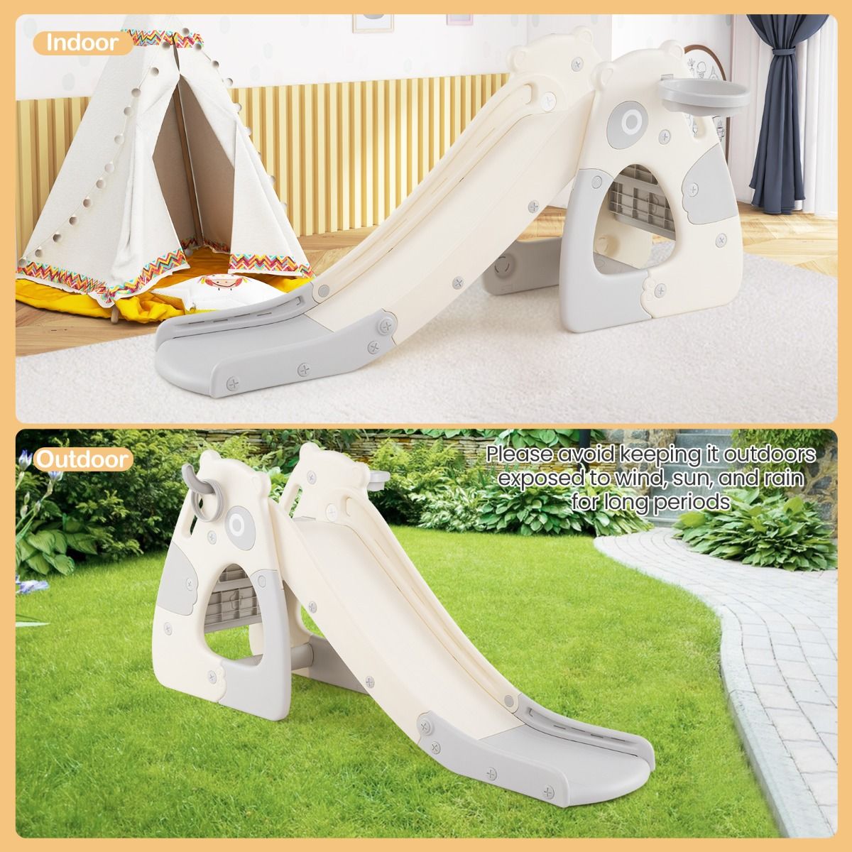 Toboggan pliable pour tout-petits Coast - Structure d'escalade 4-en-1 - Panier de basket - Gris