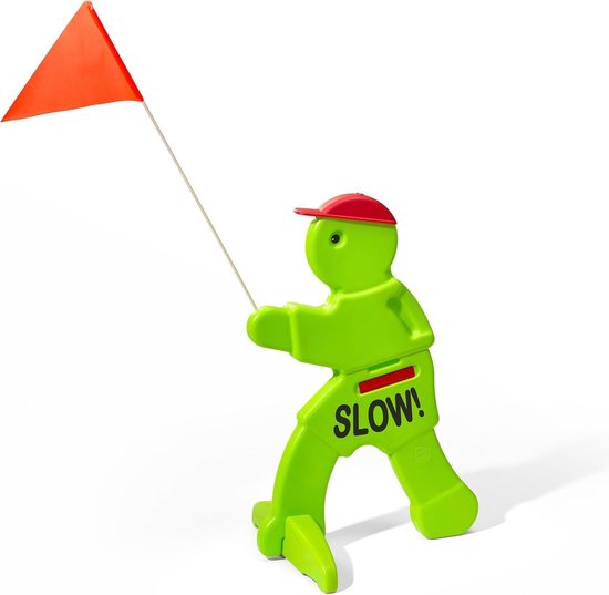Victor Veilig avec drapeau d'avertissement rouge - Poupée de sécurité routière / Mannequin de sécurité routière en vert fluo - Attention aux enfants qui jouent - Panneau d'avertissement Kid Alert