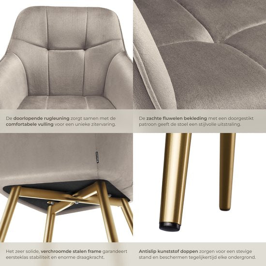tectake® Velvet Chair - Chaise de salle à manger en velours matelassé, chaises de cuisine modernes, fauteuil confortable pour le salon, la salle à manger, la salle de séjour - taupe / gold
