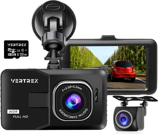 VERTREX Dashcam pour voiture 1080P Full HD - Avant et arrière - Caméras de bord - Vision nocturne - Capteur G - Objectif grand angle 170° - LCD 3.0" - Détection de mouvement - Enregistrement en boucle - Inclus une carte 32GBSD LCD - Détection de mouvement