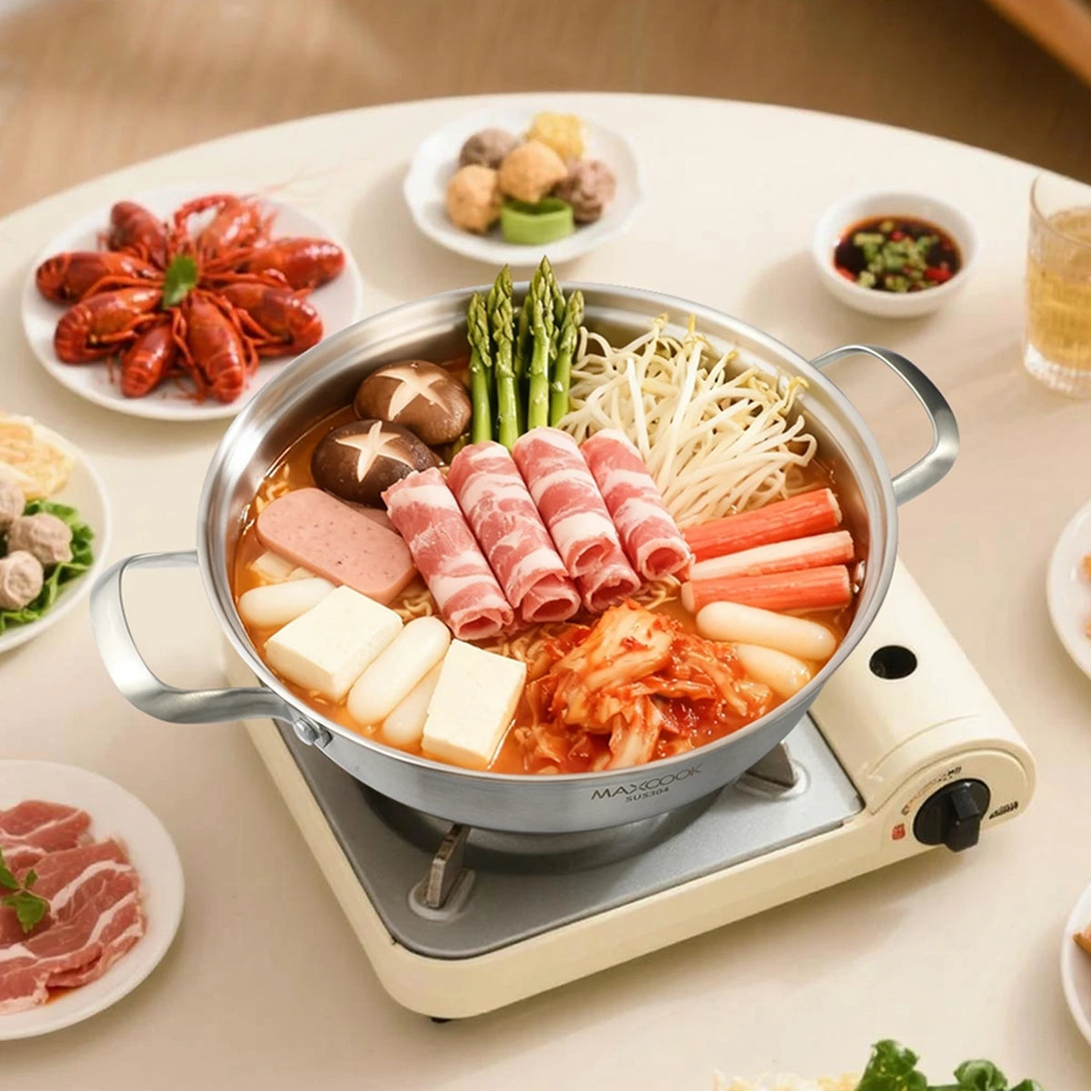 Maxcook Hotpot à 3 couches en acier inoxydable 304 - 28 cm - Double poignée, compatible induction