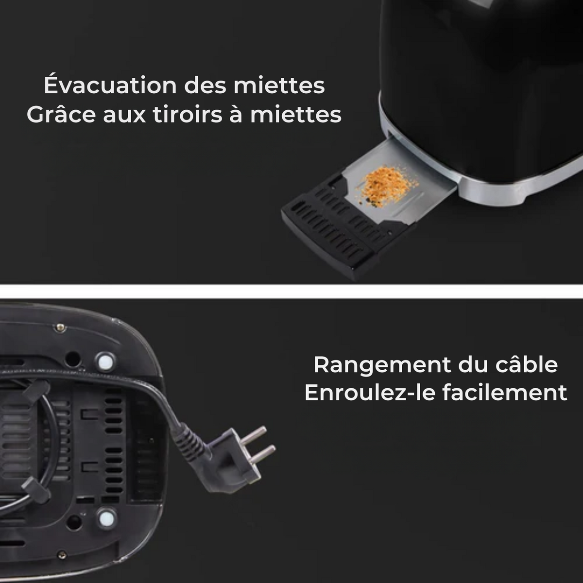 Grille-pain rétro - KitchenBrothers - 6 niveaux de chaleur - 2 fentes extra-larges - 1630W - réchauffe et décongèle - Noir