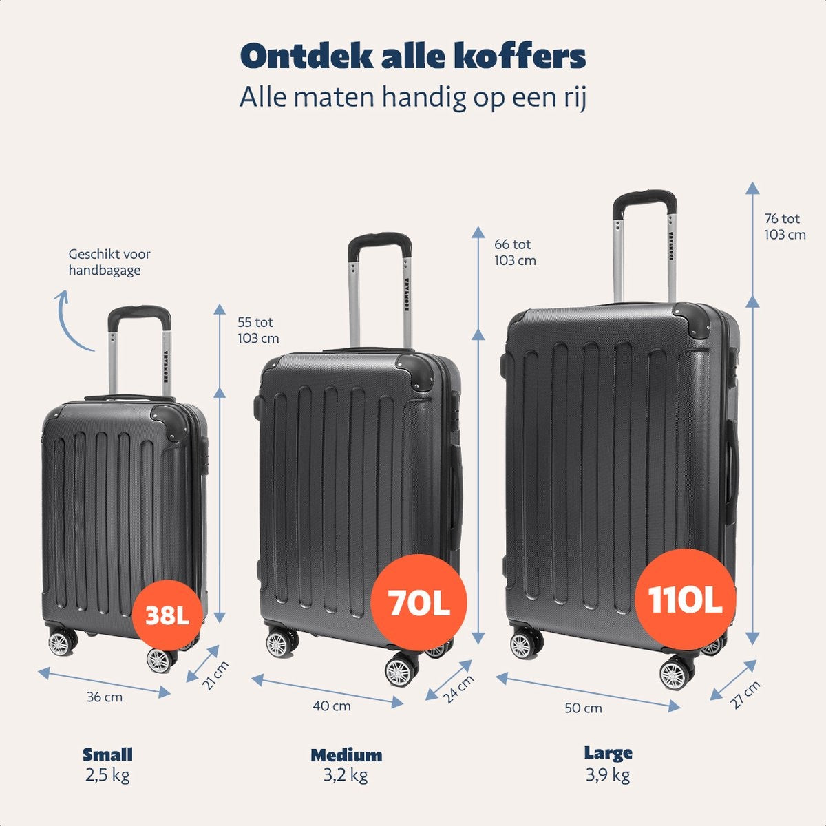 Set de valises TRVLMORE - 3 pièces - 38L + 70L + 110L - Noir