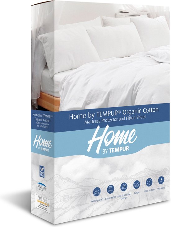 Protège-matelas - Home by TEMPUR® - Nature - 160 x 210 x 25 cm - Coton biologique - Imperméable - Thermorégulateur - Antiacariens - Antiallergique - blanc