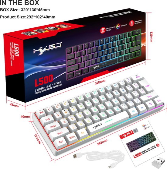 HXSJ L500 - Clavier gaming sans fil - RGB - Tri-mode - Claviers QWERTY - Blanc