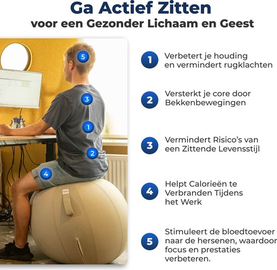 Ballon d'assise Backerz pour le bureau et la maison 75 cm - Ballon de yoga haut de gamme - Ballons d'assise avec housse - Ballon de bureau ergonomique - Lin noir
