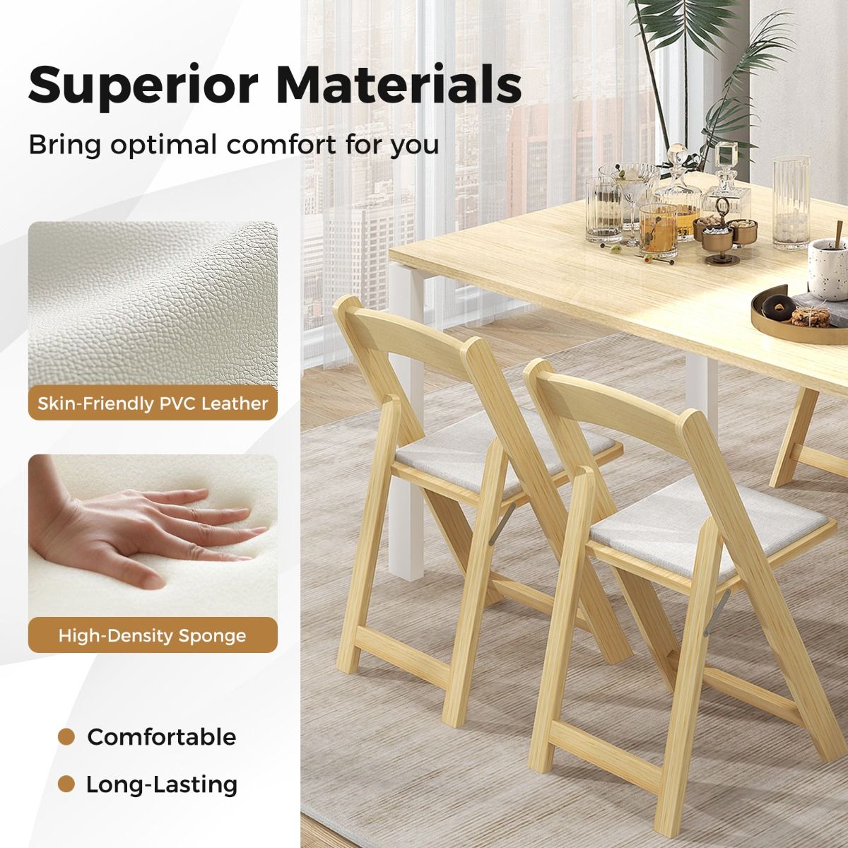 Coast Set de 2 chaises de salle à manger pliables - 44x47x77 cm - couleur naturelle - avec pieds en bois d'hévéa et assise rembourrée