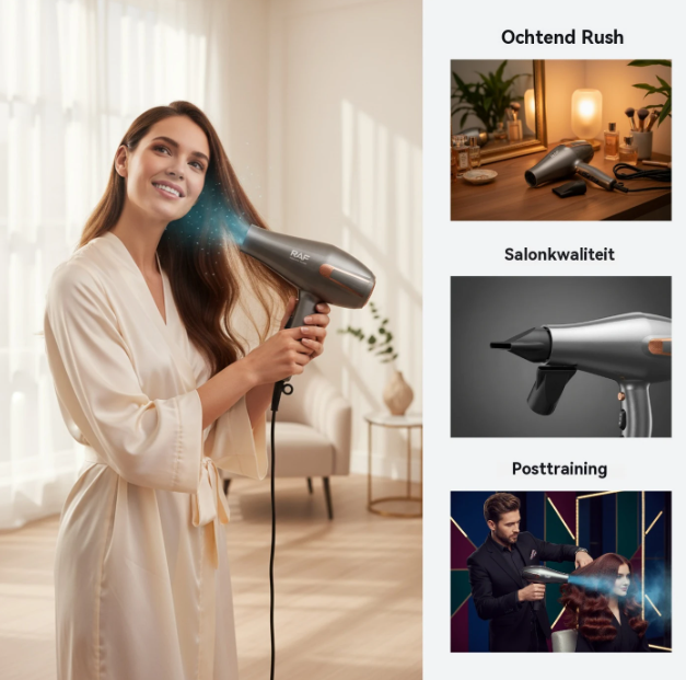Sèche-cheveux professionnel RAF R.4505 - Noir - 2 200 W - Silencieux, air froid, 2 embouts