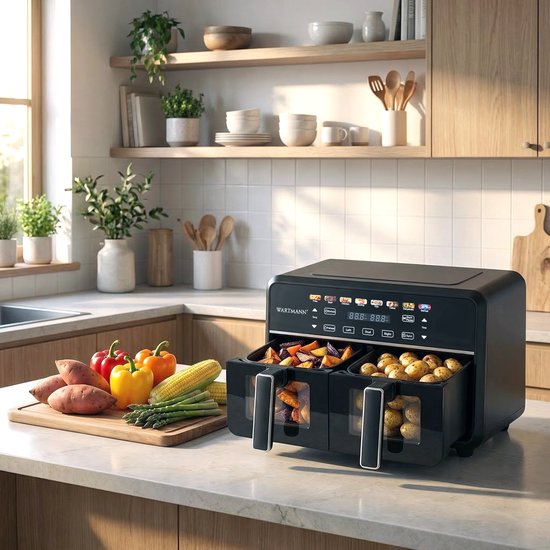 Friteuse à air chaud double XXL 11 L - Friteuse à air chaud sans PFAS - Infrarouge - Double zone - 2 x 5,5 L - 40–200 °C - 8 programmes de cuisson - 2 850 W - WM-2511 AF - Noir
