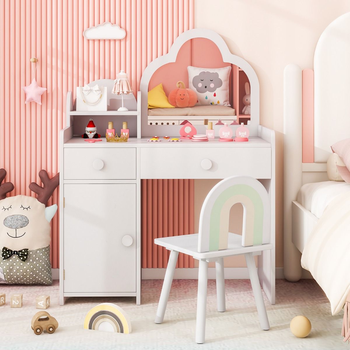 Ensemble de coiffeuse pour enfants Coast - miroir en forme de nuage - coiffeuse 2-en-1 avec tabouret - blanc