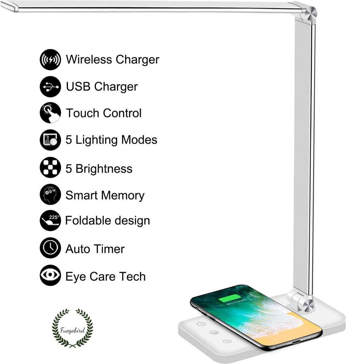 Fuegobird EK009 Lampe de bureau LED - Filaire - Chargement sans fil pour téléphone - Dimmable - Pliable - Smart Touch - Technologie Qi - Blanc
