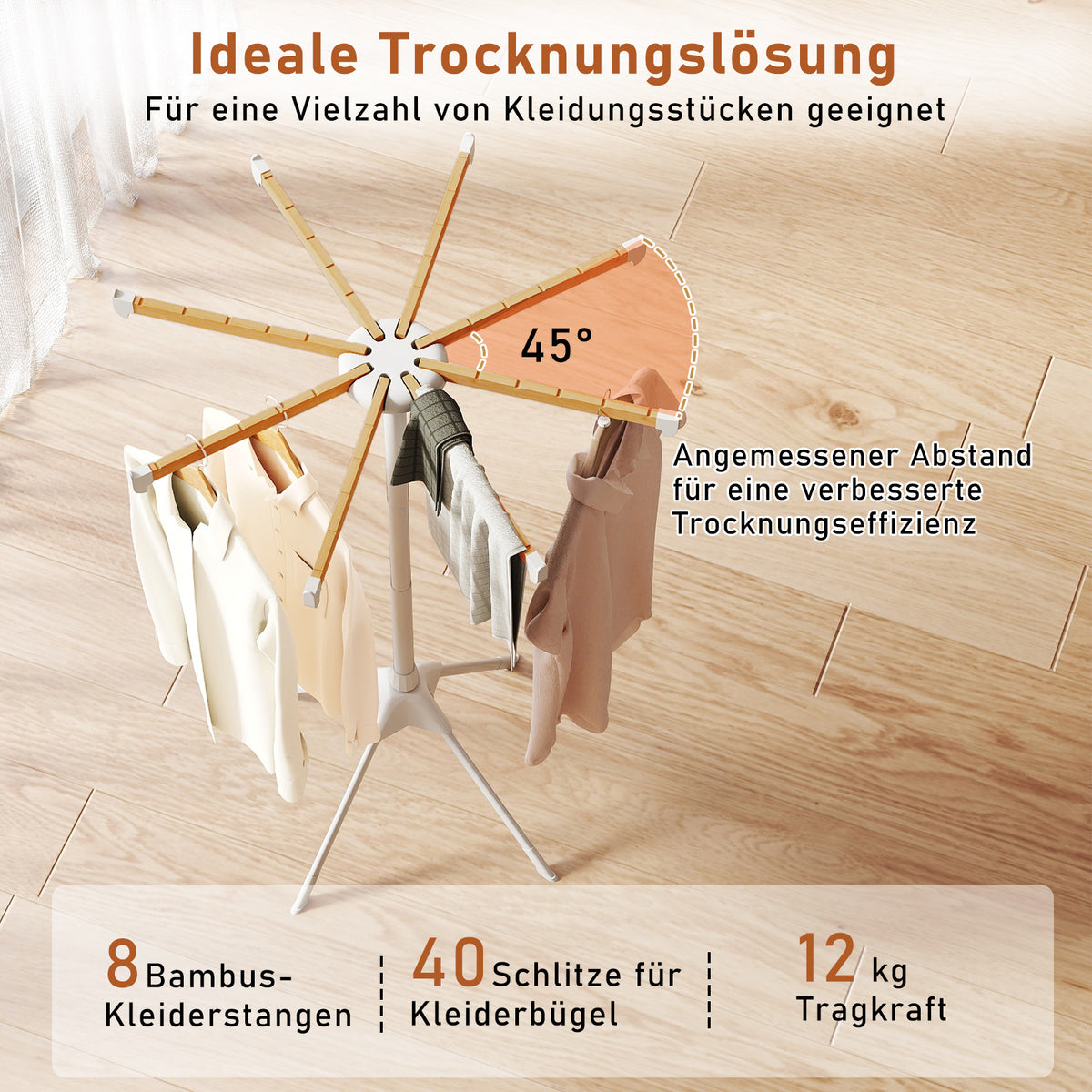 Séchoir à linge pliable Coast avec 8 tiges en bambou