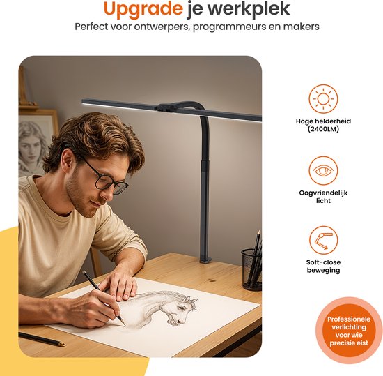 Goliving Lampe de bureau avec pince XL - 78 CM - LED dimmable avec télécommande - Lampe à pince - Lampe de table - Lampe de lecture - Flexible - Lampe LED - Touch Control - Softclose - Noir