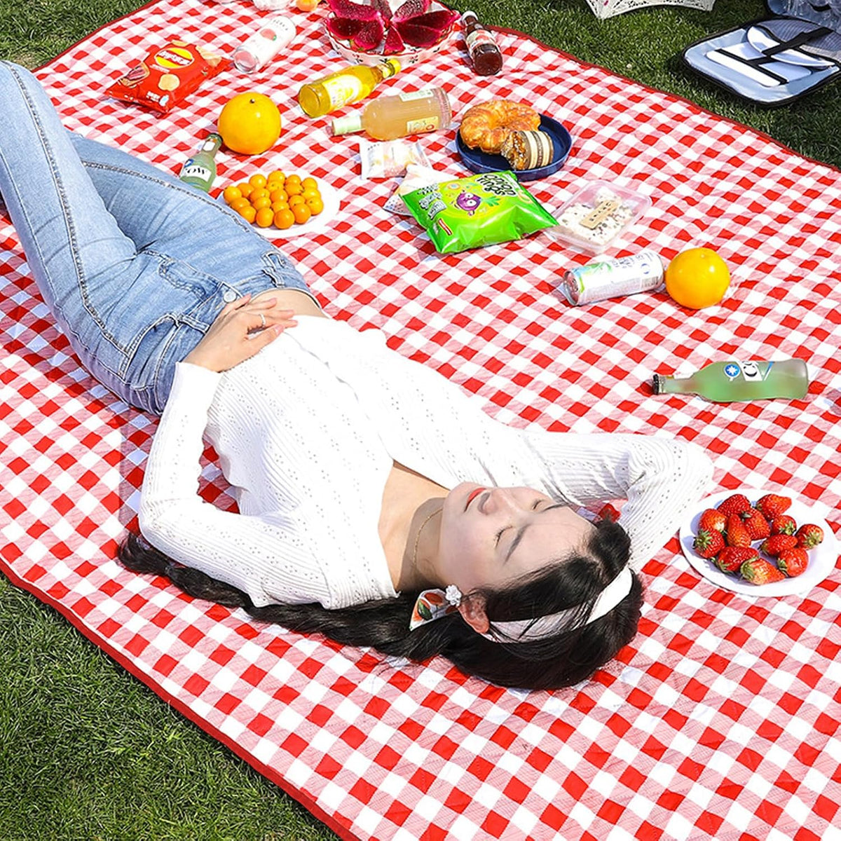 Couverture de pique-nique XXL avec dessous imperméable - 200 x 200 cm - Avec poignée de transport - Rouge et blanc