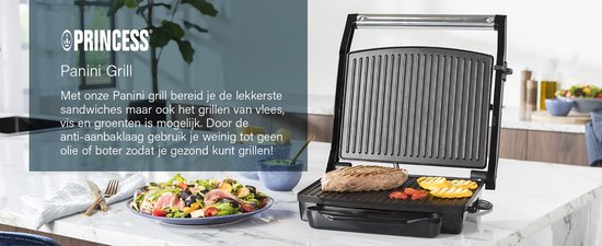 Princess Panini Grill 112415 - Grand grill à contact 30 x 24 cm - Appareil à croque-monsieur - Appareil à grill - 2 000 W - Couvercle supérieur coulissant - « Meilleur achat » selon le guide des consommateurs d'octobre 2025