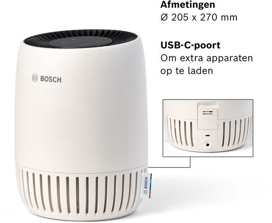 Purificateur d'air Bosch Air 500 - élimine les polluants, comprend un filtre à air et un mode silencieux (< 25 dB(A)). - pour les pièces jusqu'à 23 m² - avec port de charge USB-C CADR 100 m³/h