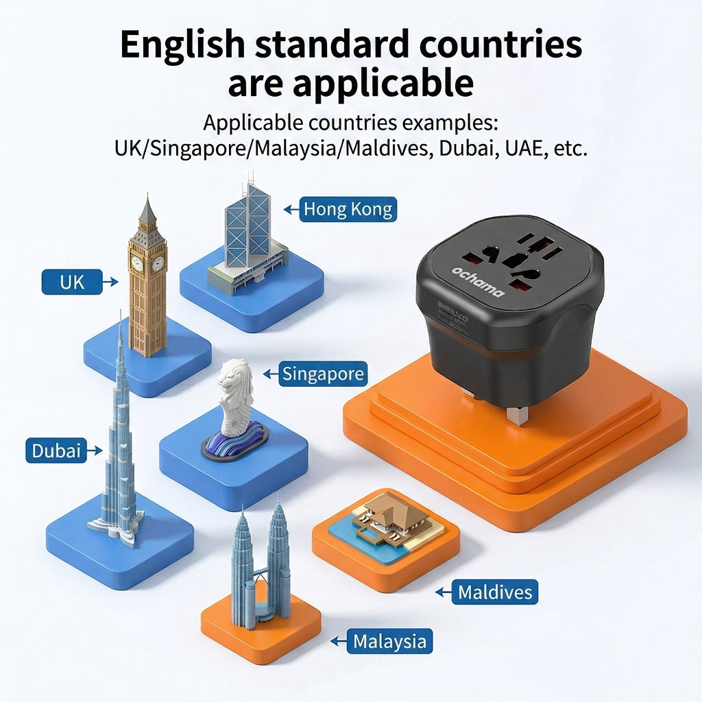 Prise de voyage universelle britannique Ochama, sécurité enfants, matériau résistant à la pression, certifiée CE et UKCA, compatible avec le Royaume-Uni, Singapour, la Malaisie, Dubaï et les Émirats arabes unis