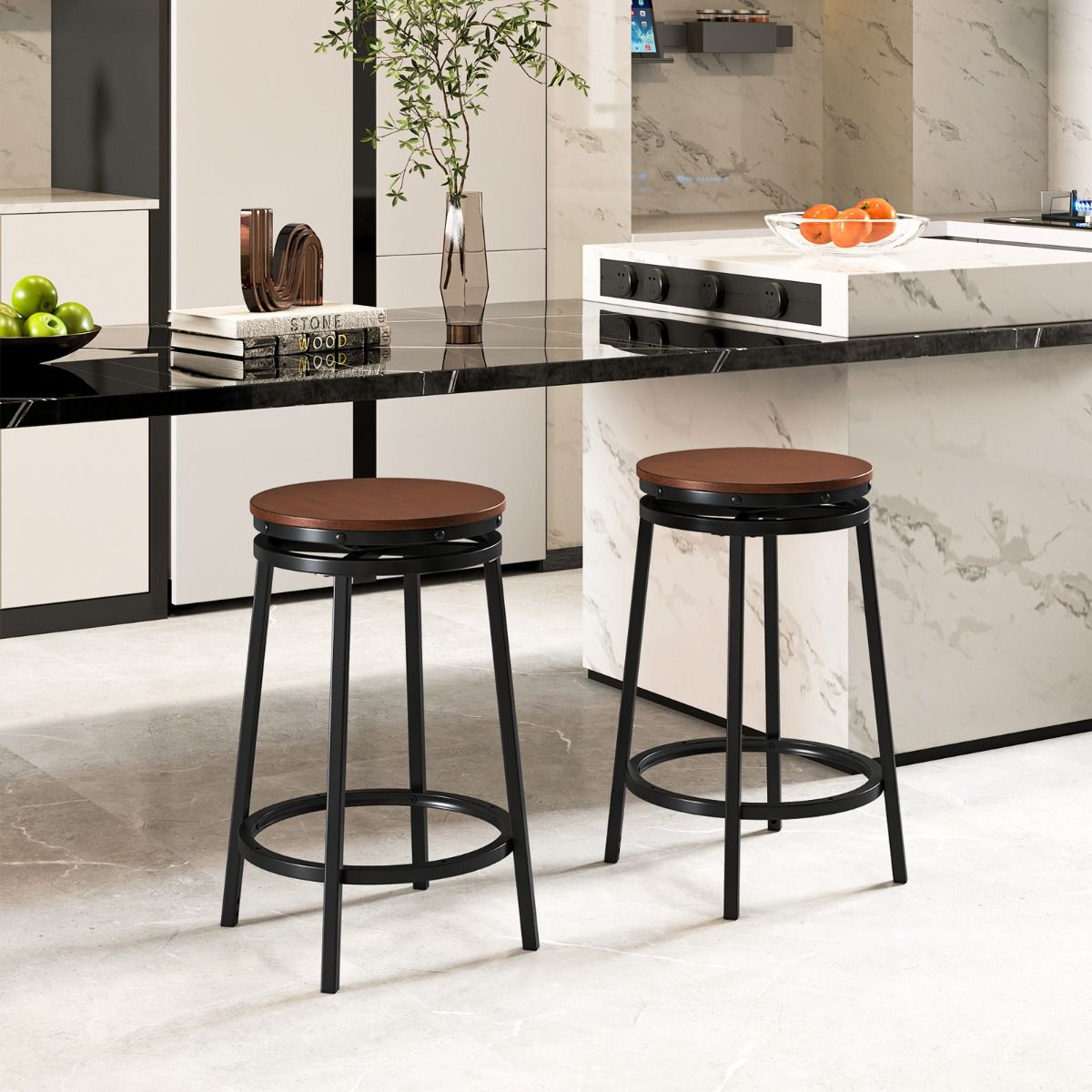Lot de 2 tabourets de bar Coast - hauteur réglable - pivotants à 360° - marron rustique et noir
