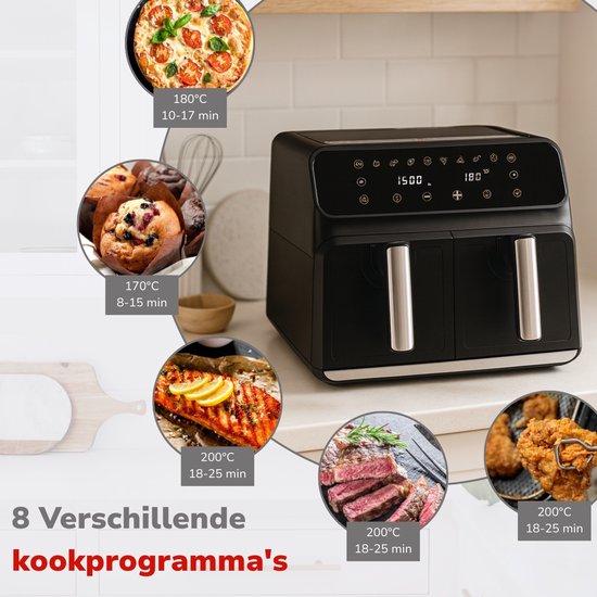 Alpina Double Airfryer XXL - Friteuse à air chaud 2x4 L - Air Fryer avec écran tactile numérique - Four à air chaud pour 6 personnes et plus - 8 programmes de cuisson - Mode Sync - Fonction minuterie