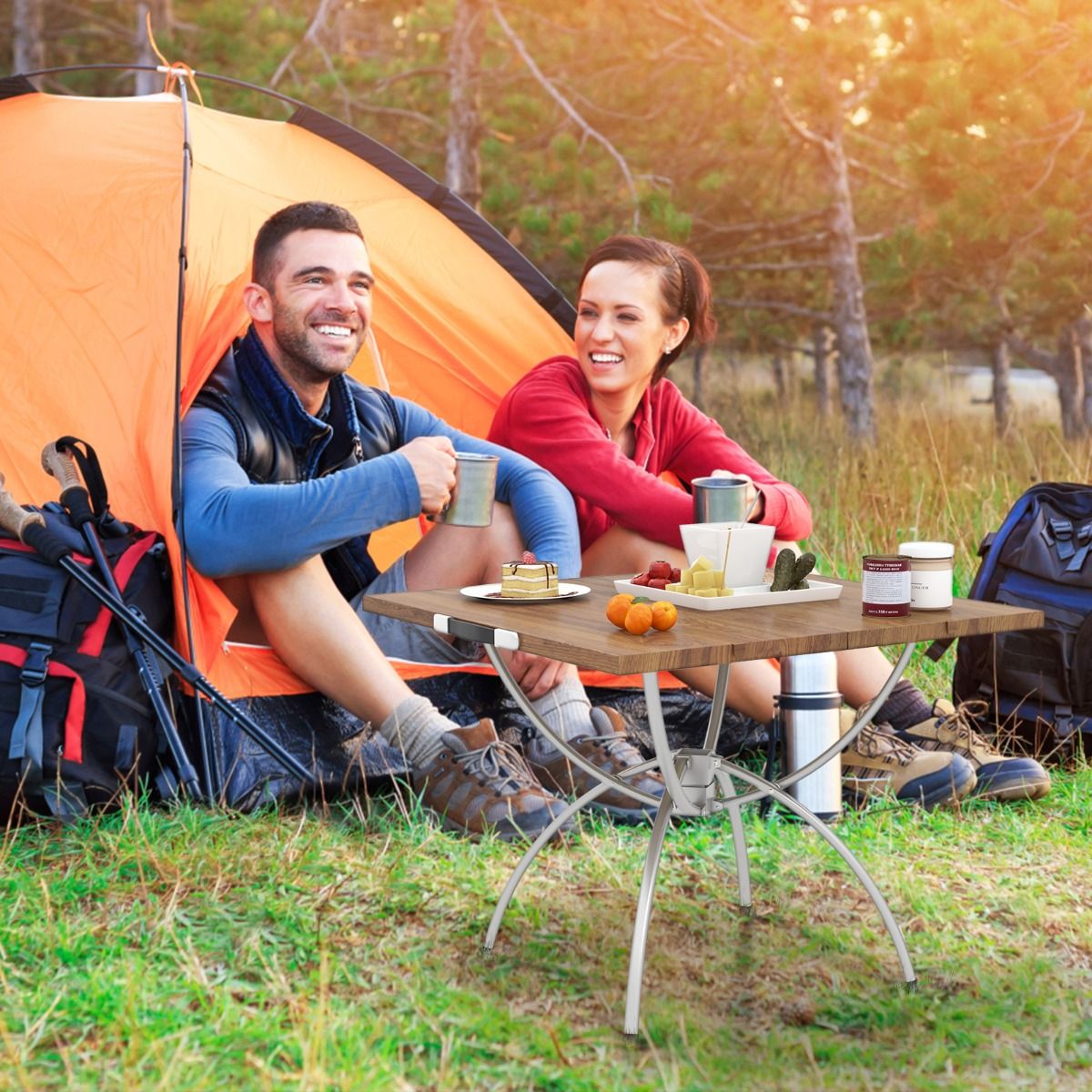 Ensemble de table de camping pliable Coast - Extensible - Aluminium léger - Plateau imitation bois - Couleurs café et argent