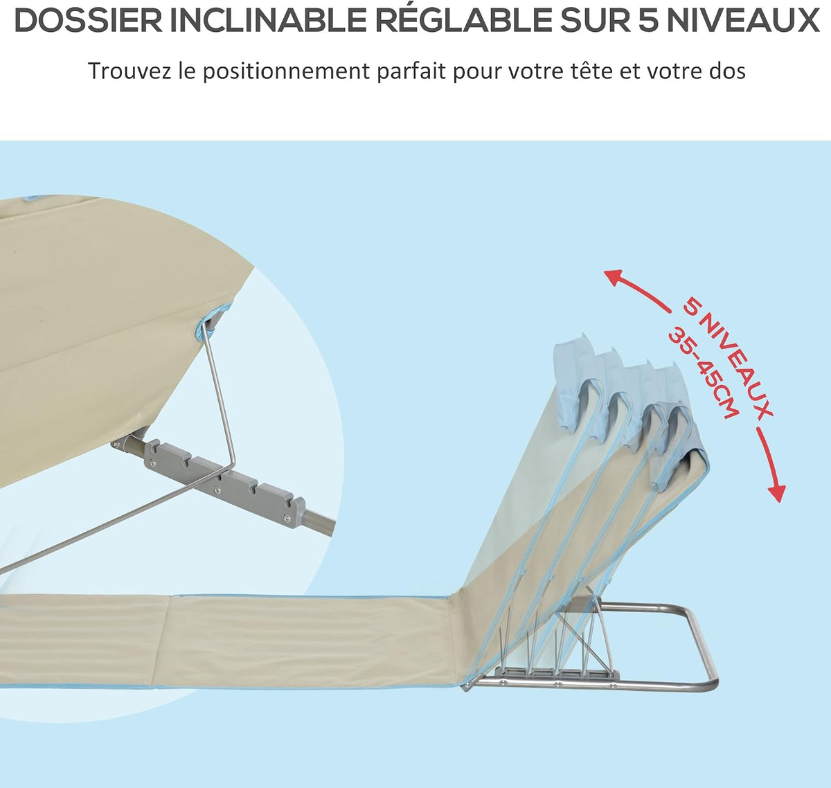 Tapis de plage pliables Outsunny avec dossier réglable - Lot de 2 - 124 x 53 x 35–45 cm - Beige/Bleu