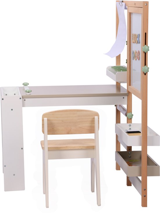 Table de dessin et de bricolage Sunny Olivia – Table de dessin et de bricolage en bois pour enfants – Livrée avec une chaise, un tableau blanc, un rouleau de papier et un espace de rangement – Meuble de jeu créatif