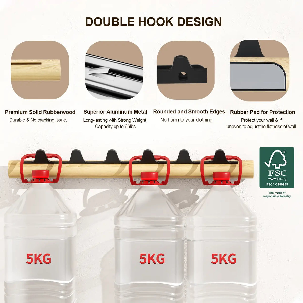 Porte-manteau Wkapanou avec 6 crochets – Bois d'hévéa certifié FSC et aluminium – Jusqu'à 30 kg