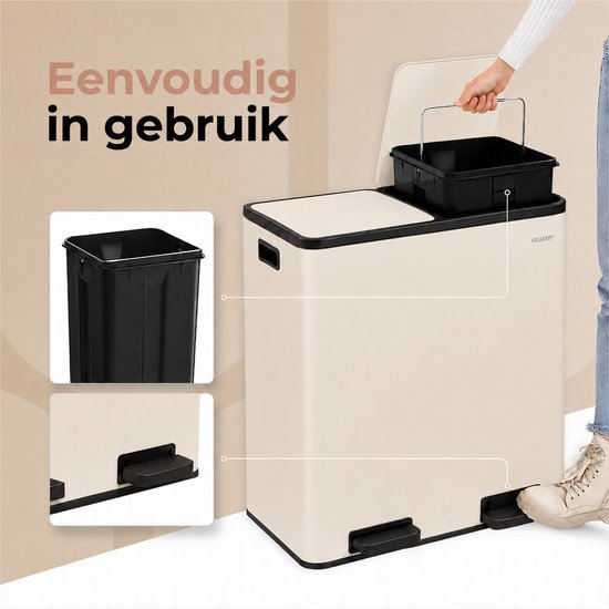 Poubelle O'DADDY® – Poubelle – Poubelle de 60 litres – Poubelle à pédale – Poubelle – Poubelle à 2 compartiments - Poubelle à tri sélectif – Poubelle de tri sélectif - 2 seaux intérieurs - Fermeture en douceur - 15 sacs poubelle inclus - Beige