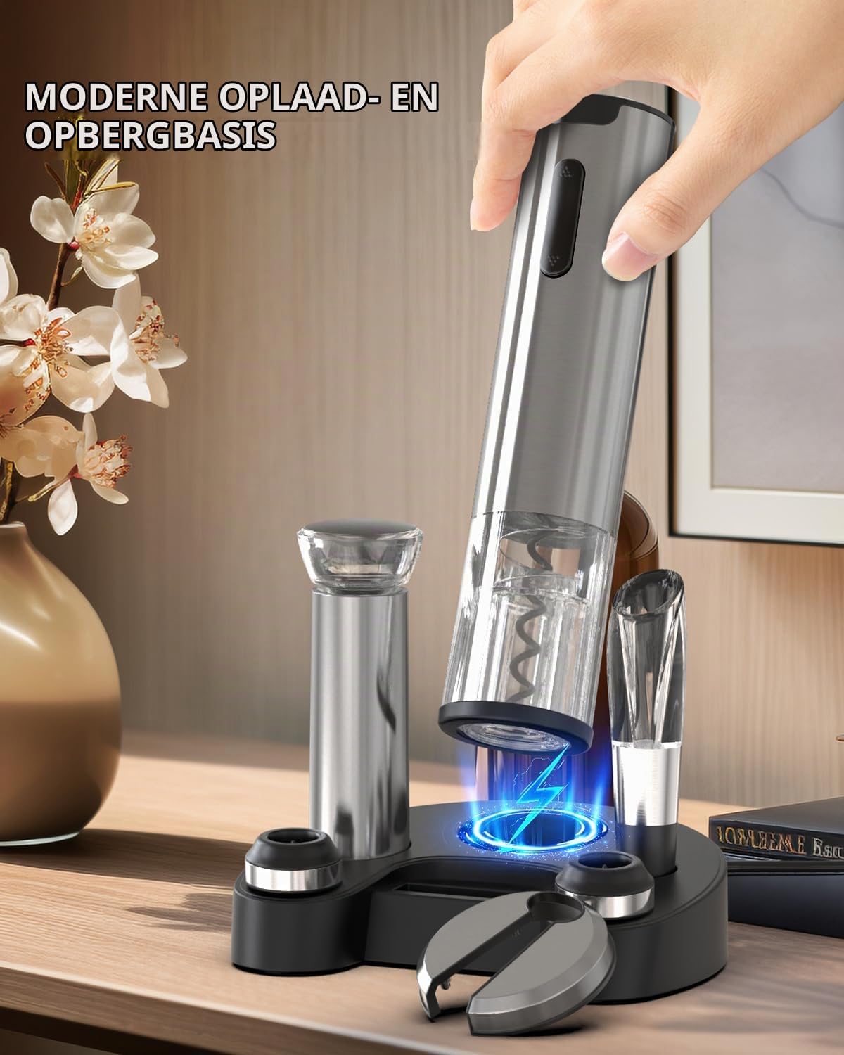 Ensemble d'ouvre-bouteilles électrique Circle Joy - Rechargeable avec station de recharge - Argent