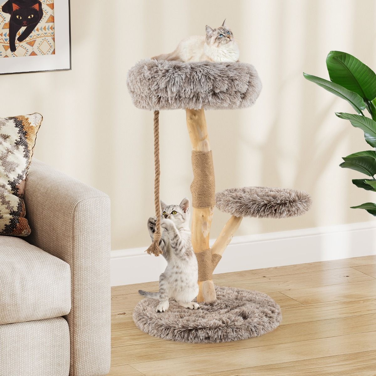 Arbre à chat Coast - 3 étages - bois de poirier et jute - gris clair et beige - 90 cm