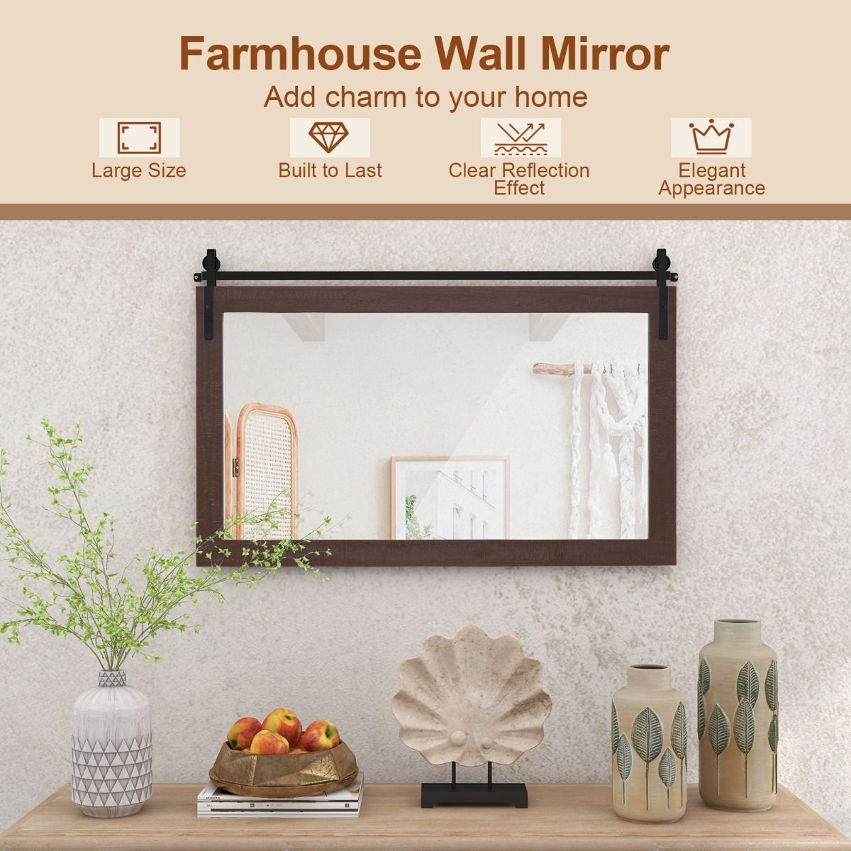 Miroir mural Coast - cadre rectangulaire en bois massif - verre incassable - marron foncé 100 x 66 cm