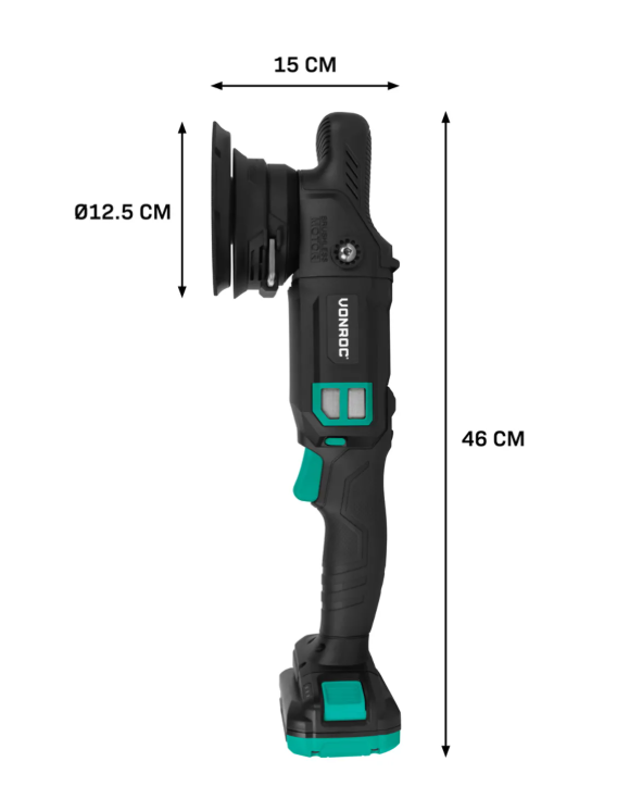 Polisseuse excentrique VONROC PRO 20 V - 125 mm - course de 15 mm - avec batterie 2,0 Ah, chargeur rapide et 5 disques de polissage