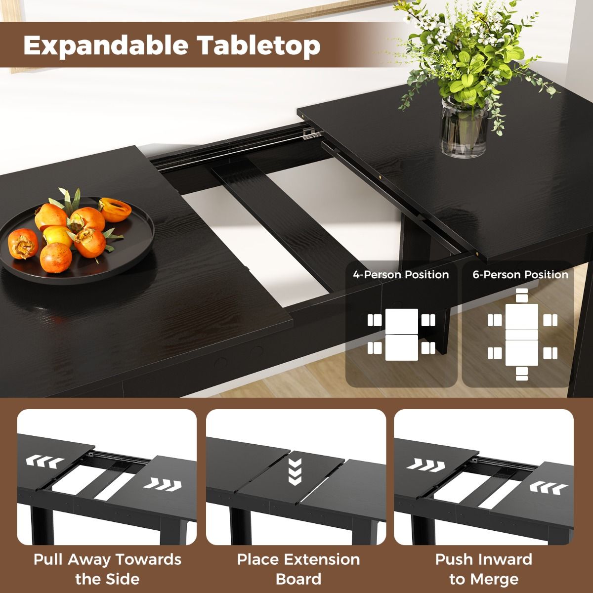 Table à manger extensible Coast - Plateau réglable - Pieds en L - Noir - 158 x 70 x 76 cm