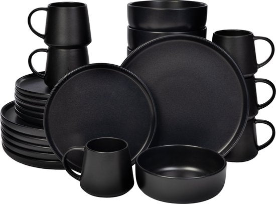 Deleca Service de table 6 personnes Kyoto - Tasses à café avec oreille / Bols / Grandes assiettes et petites assiettes - Style Japonais - Faïence massive - Noir mat / 24 pièces